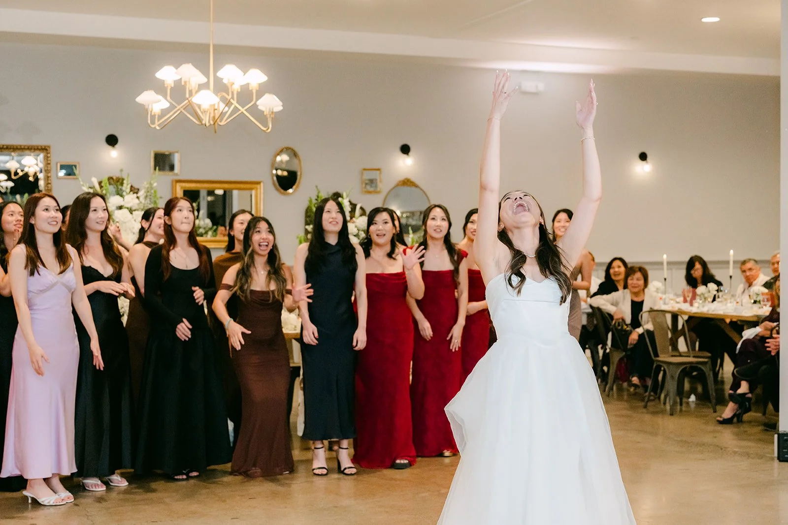 Guests lined up for the bouquet toss