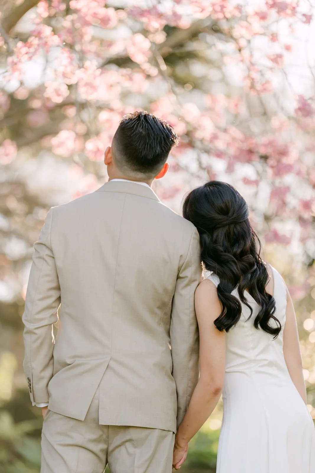 Kim and Vincent facing a tree in pink blossom.