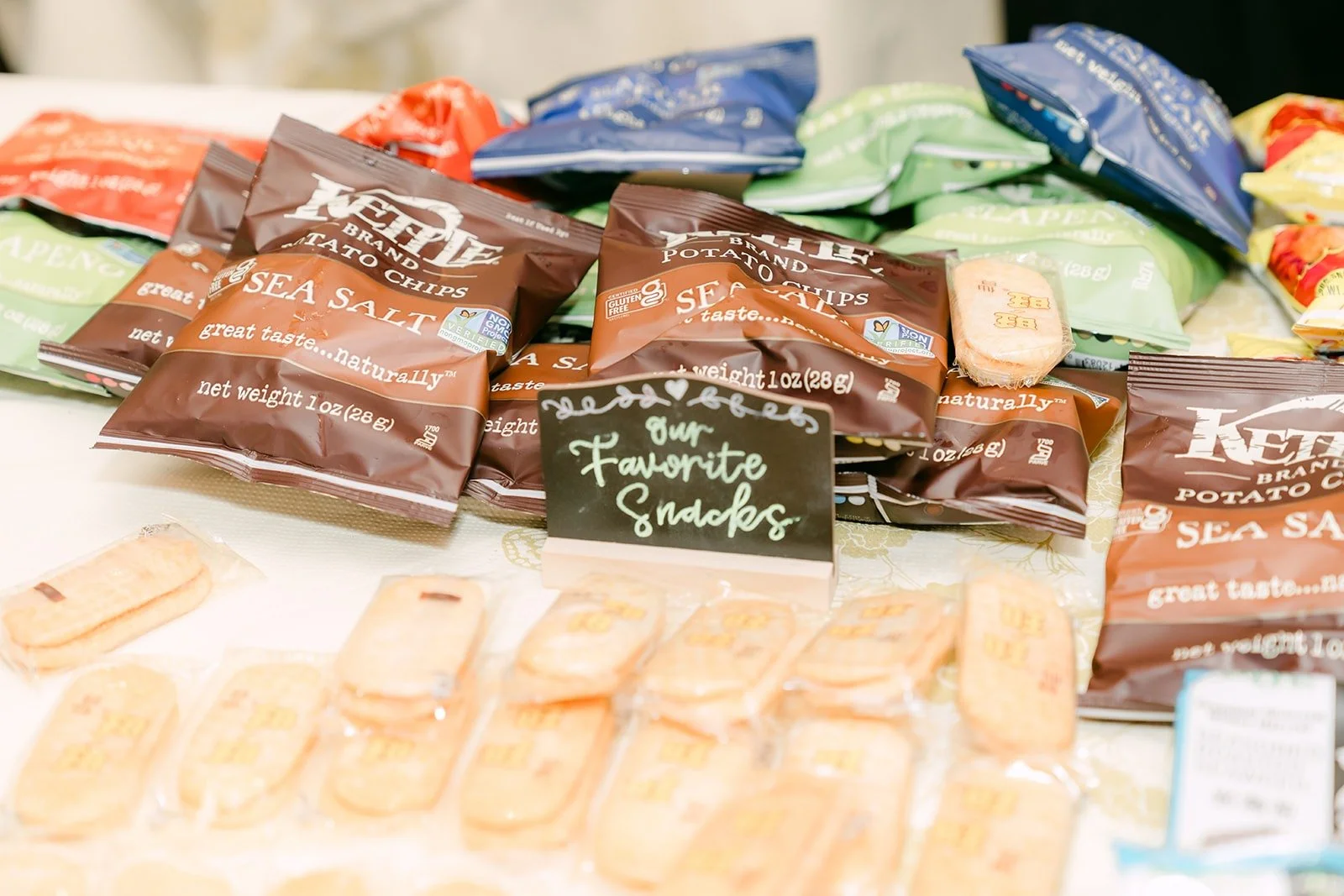 Bags of snack favors laid out for guests