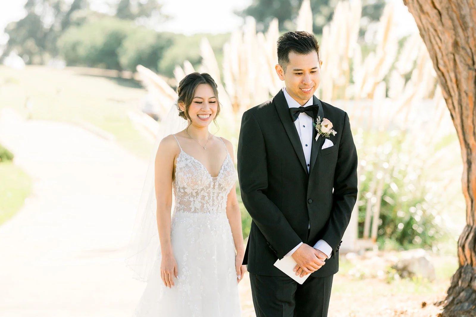 Josephine walking up behind David for their first look