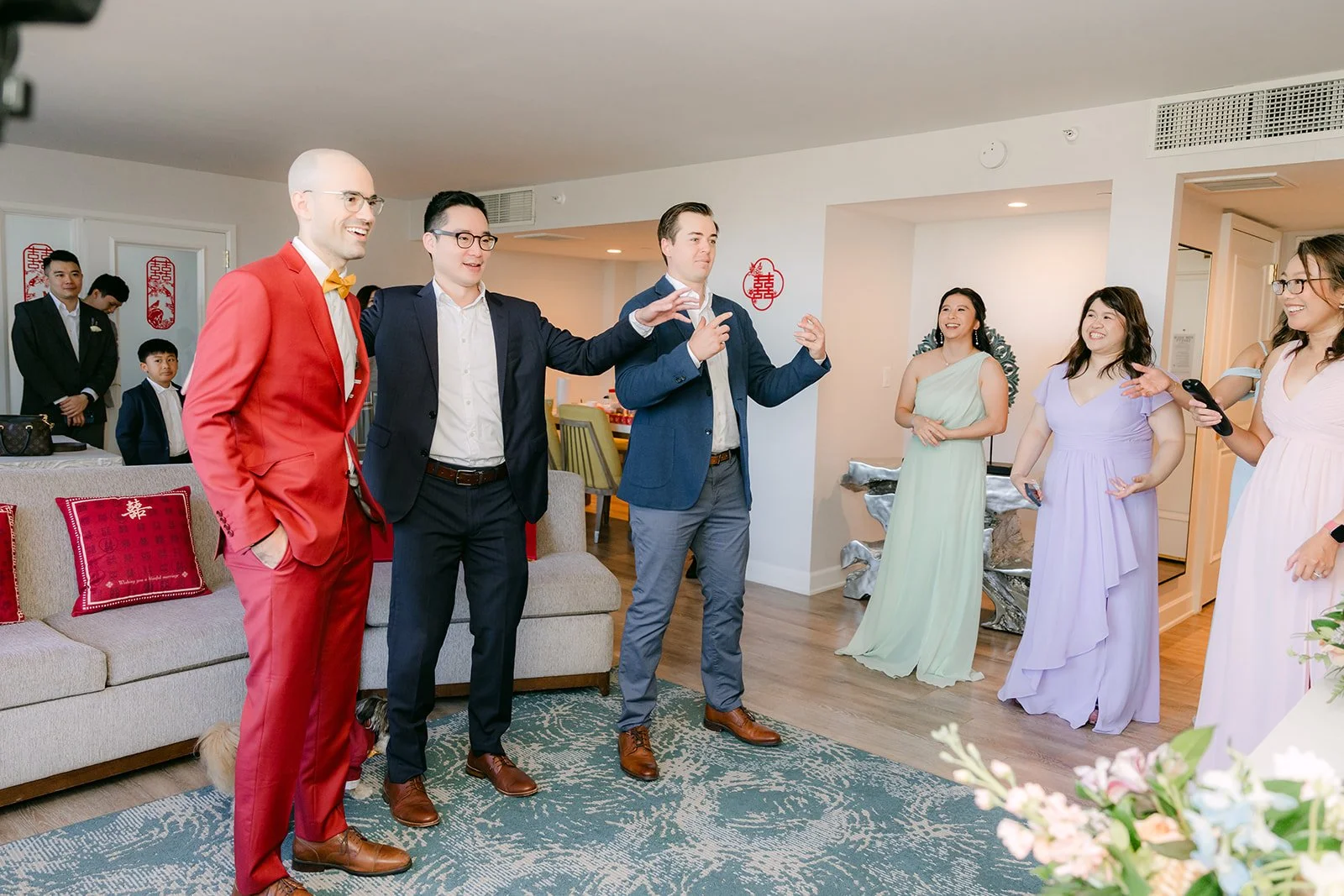 Christian and his friends taking on a door game challenge in the suite.