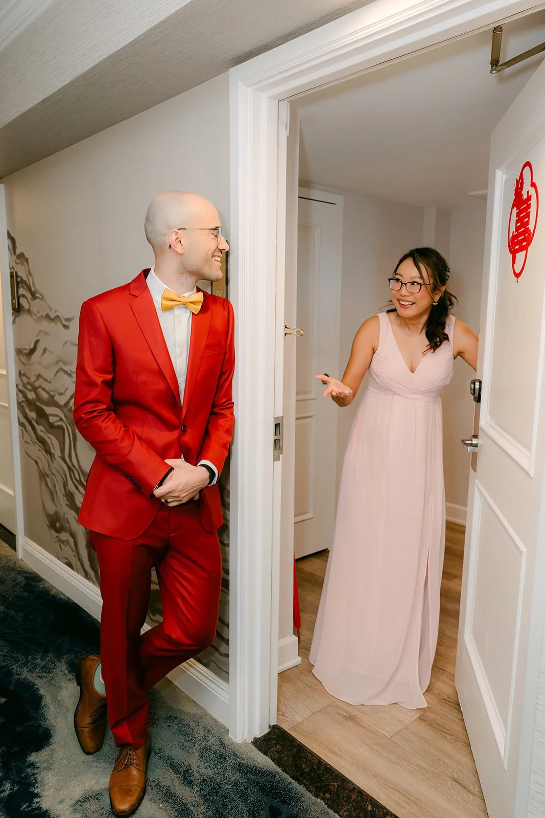 Christian at the hotel suite door as a bridesmaid sets the first challenge.