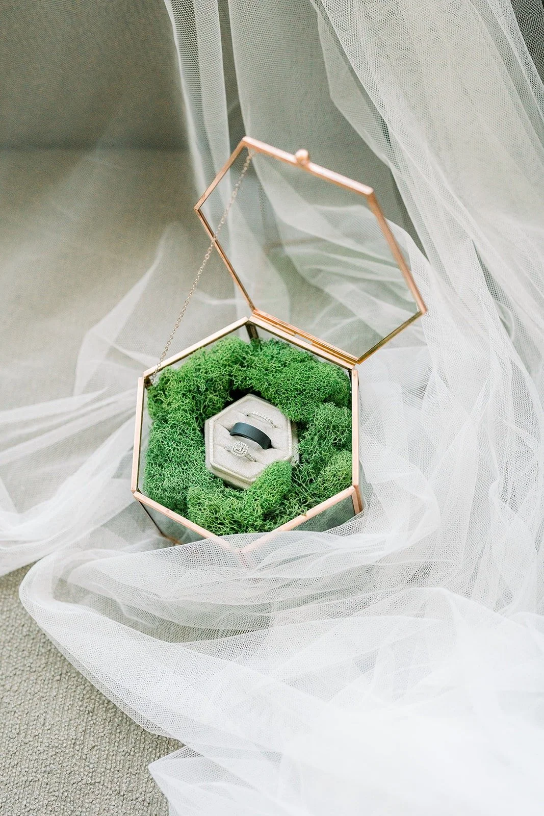 Betsy's engagement ring in a glass box lined with green moss on her veil