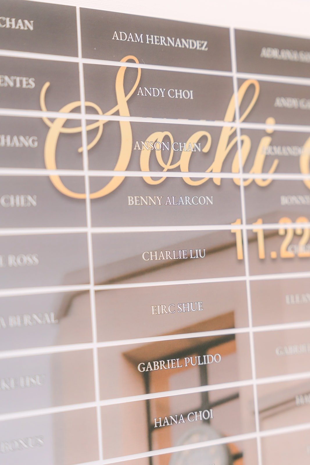 A clear acrylic seating chart with Sochi's name in gold