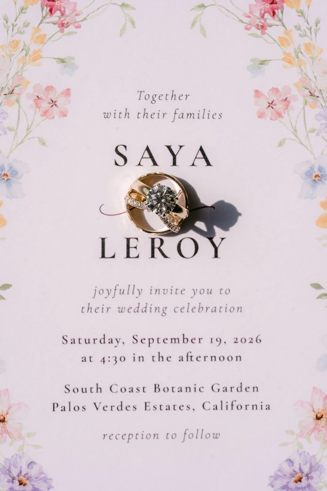 Saya and Leroy's floral wedding invitation for South Coast Botanic Garden