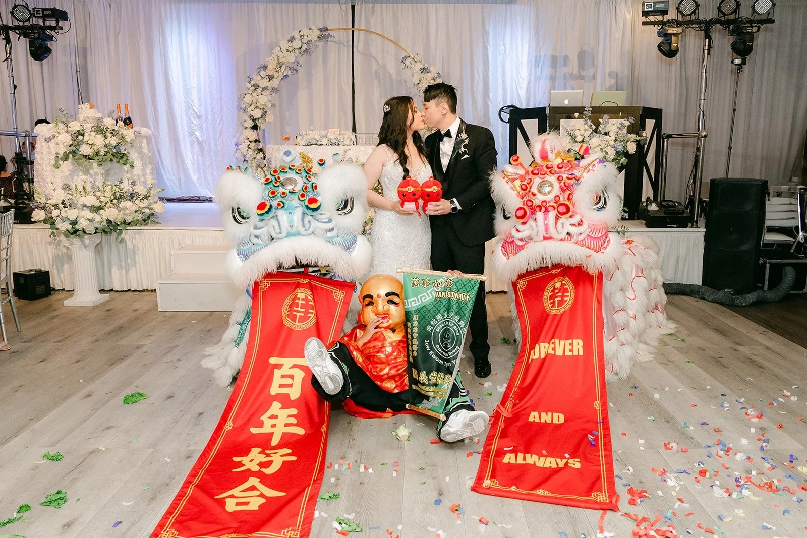 Red banners unrolled from the lion's mouth for Emily and James