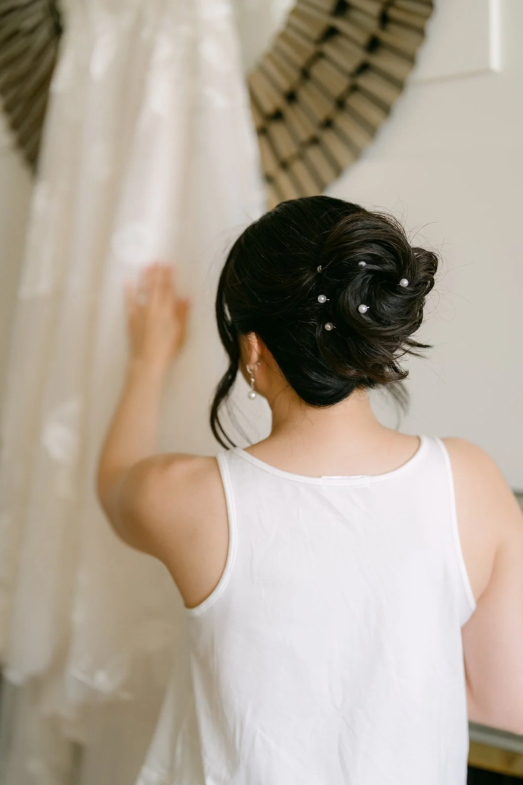 Pearl pins in Mary's bridal updo