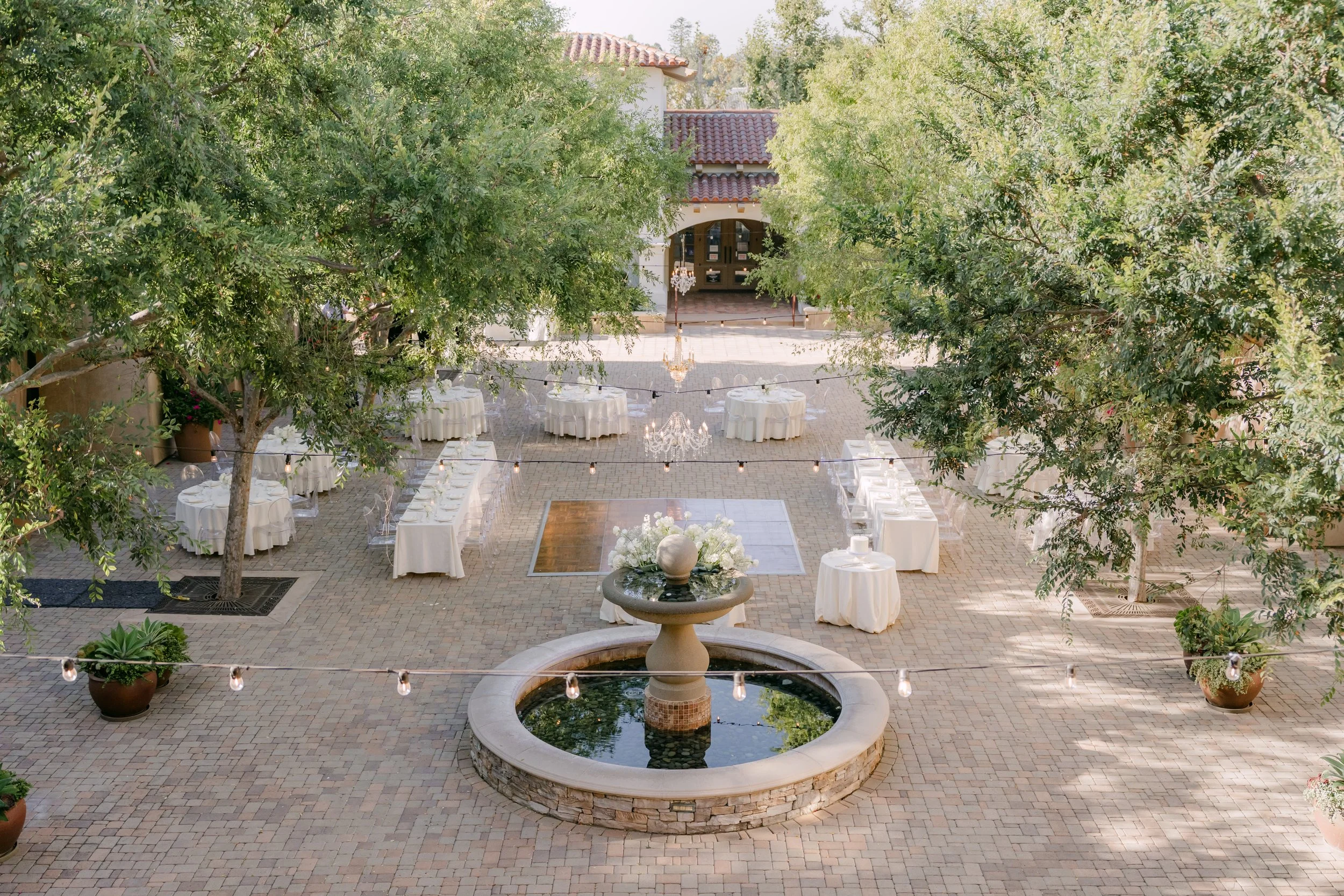 Garden courtyard and fountain at Serra Plaza in San Juan Capistrano