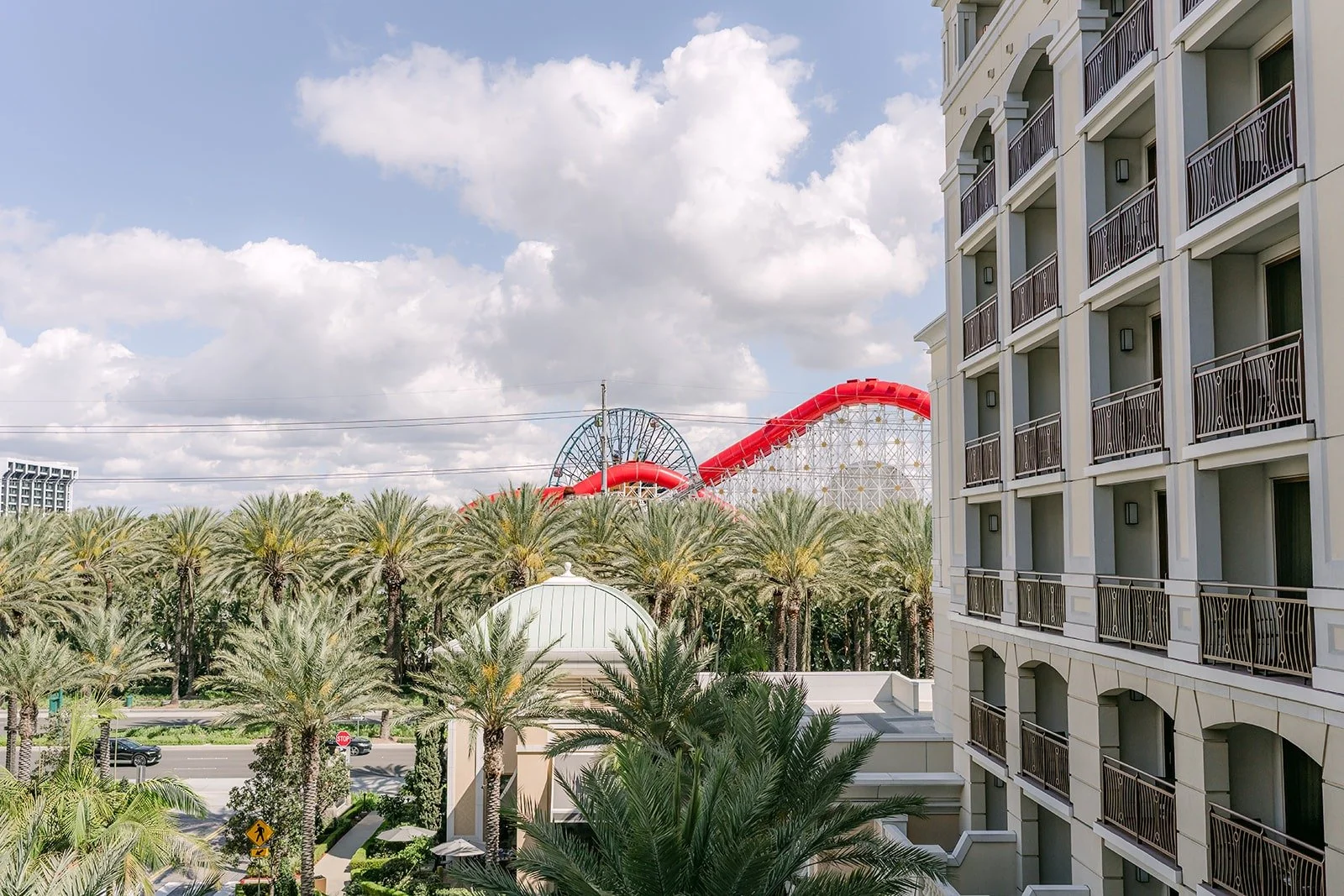 View from the Bride Suite at The Westin Anaheim Resort over palm trees and a red roller coaster
