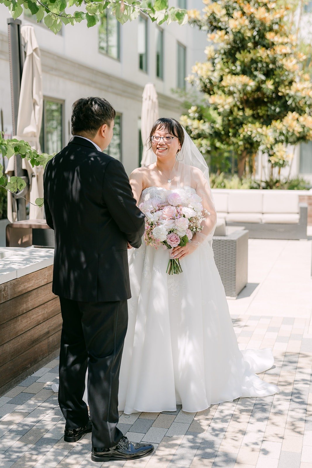 James taking in the moment as Stella stands in front of him during their first look