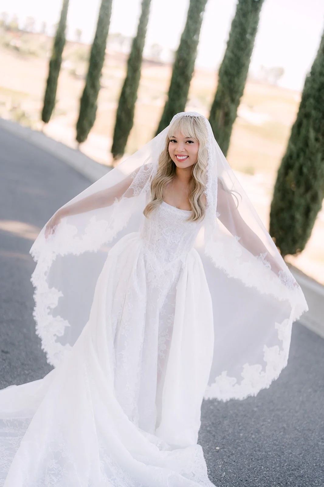 Konitha's veil spread wide on the drive between the cypress trees