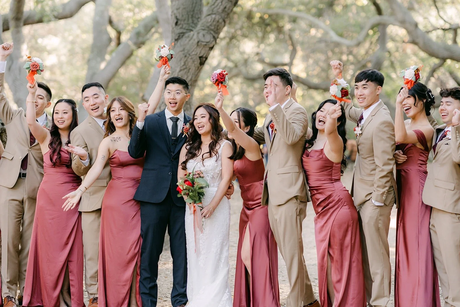 Bridesmaids and groomsmen paired along the trail