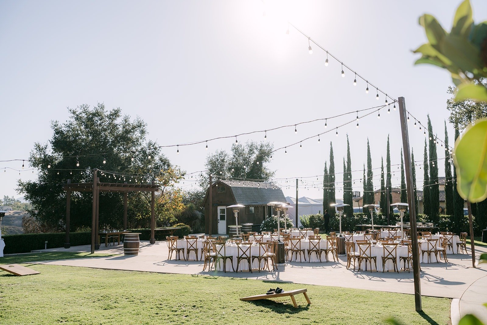 The reception patio with string lights at Bel Vino Winery