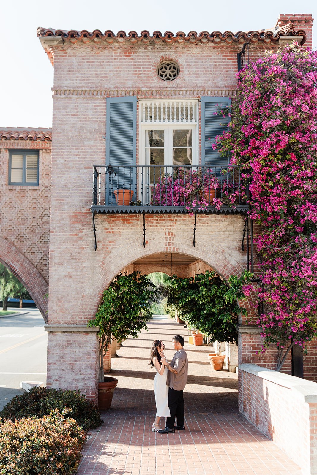 The Spanish-style tower and bougainvillea-covered archway at Malaga Cove Plaza in Palos Verdes Estates.