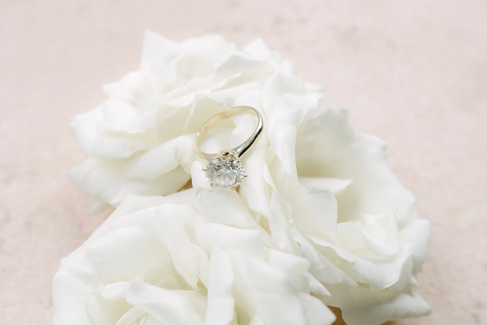 Kristine's engagement ring tucked into a white rose