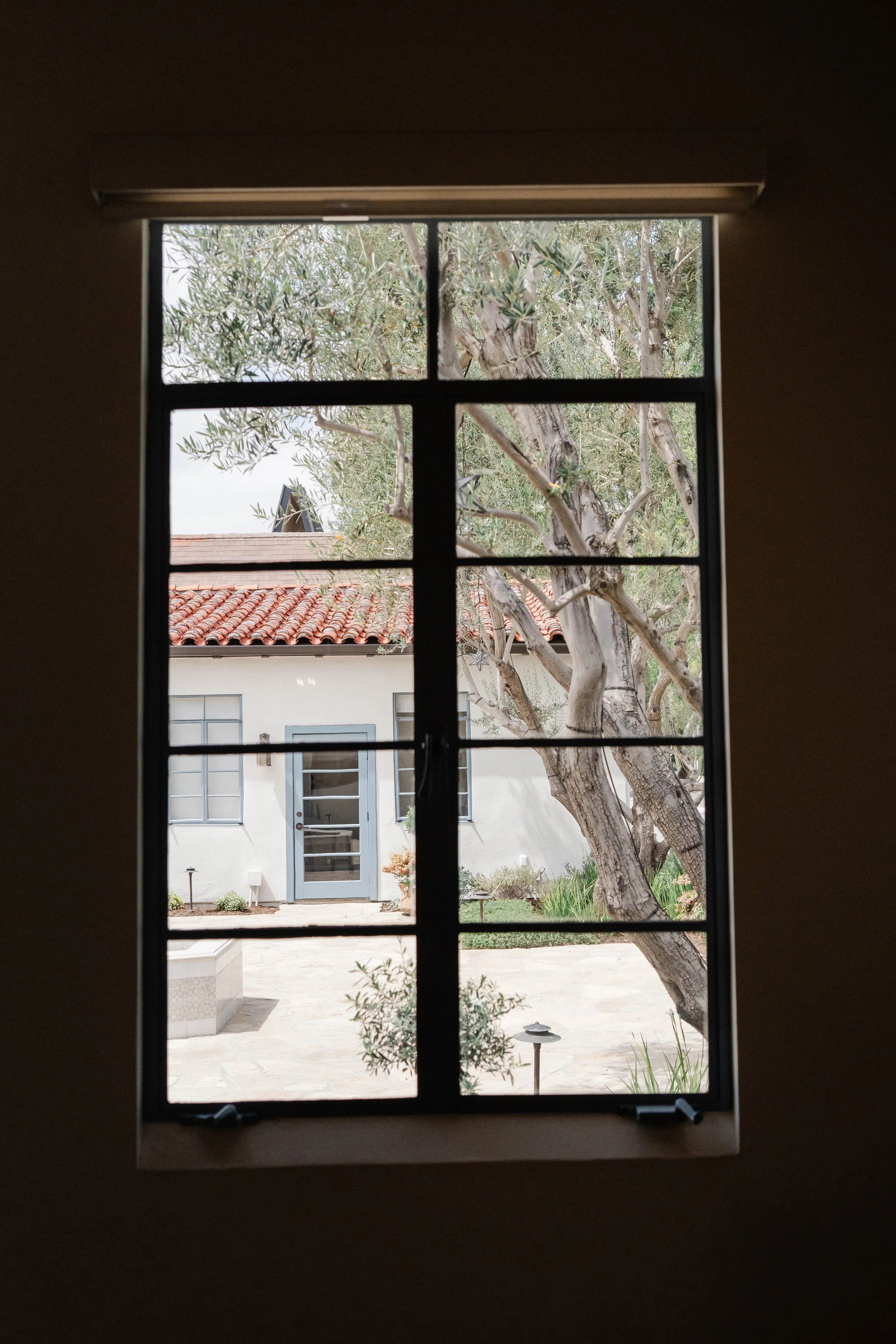 View of a courtyard with a large tree, a building with a door and windows, and a tiled roof seen through a window with black bars.