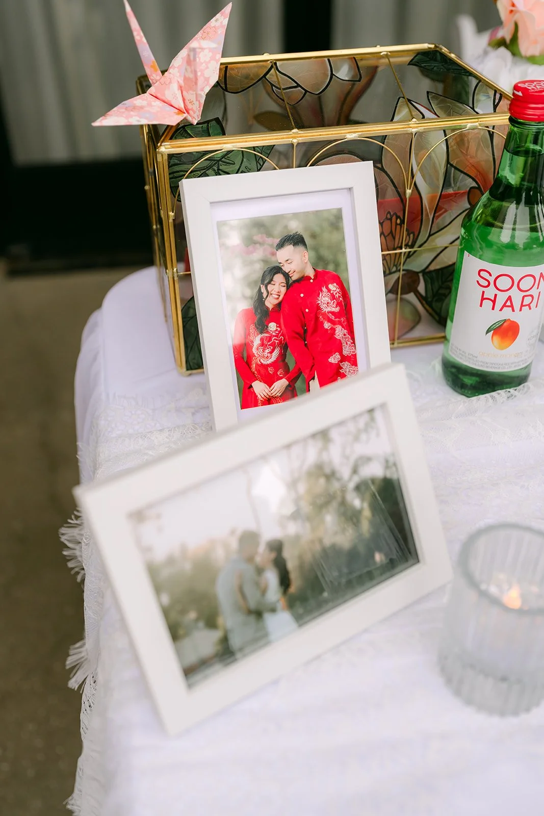 Framed family photos on the memory table