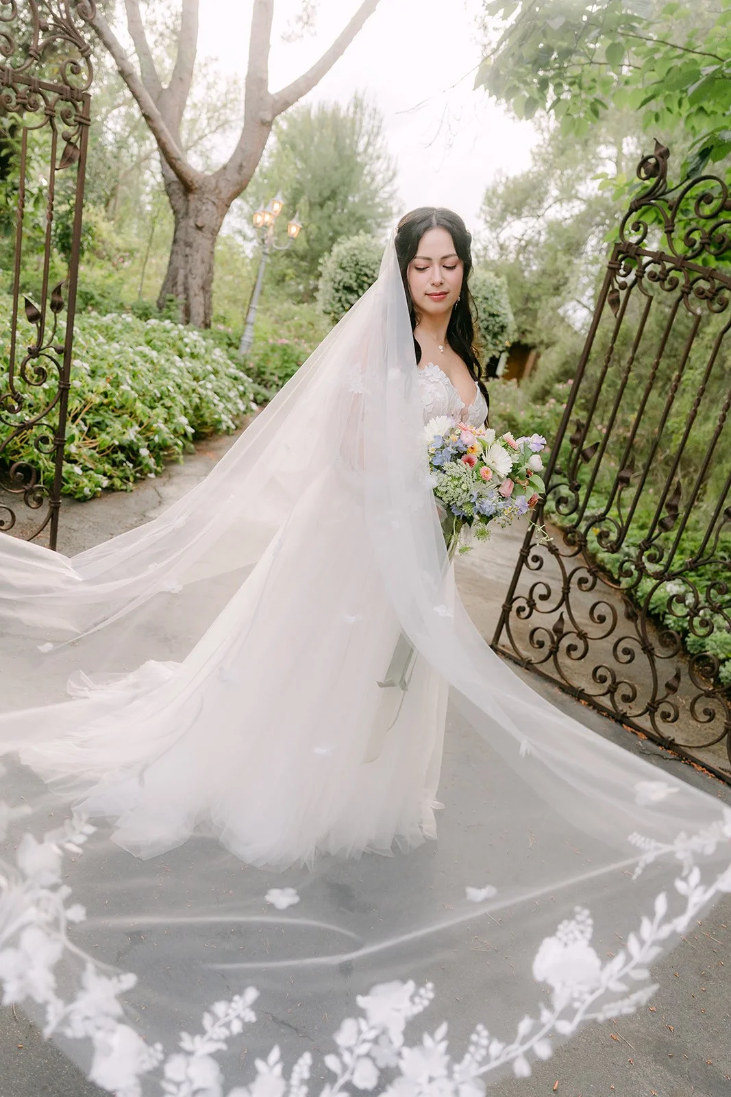 Kat's cathedral veil trailing across the garden path