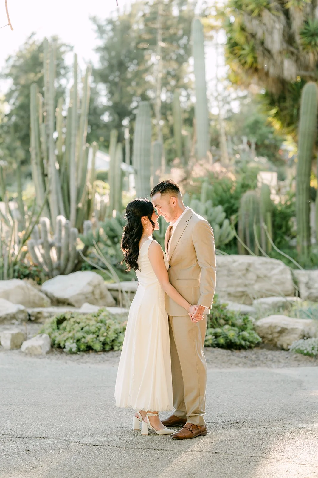 Kim and Vincent sharing a kiss in front of the cacti and boulders.
