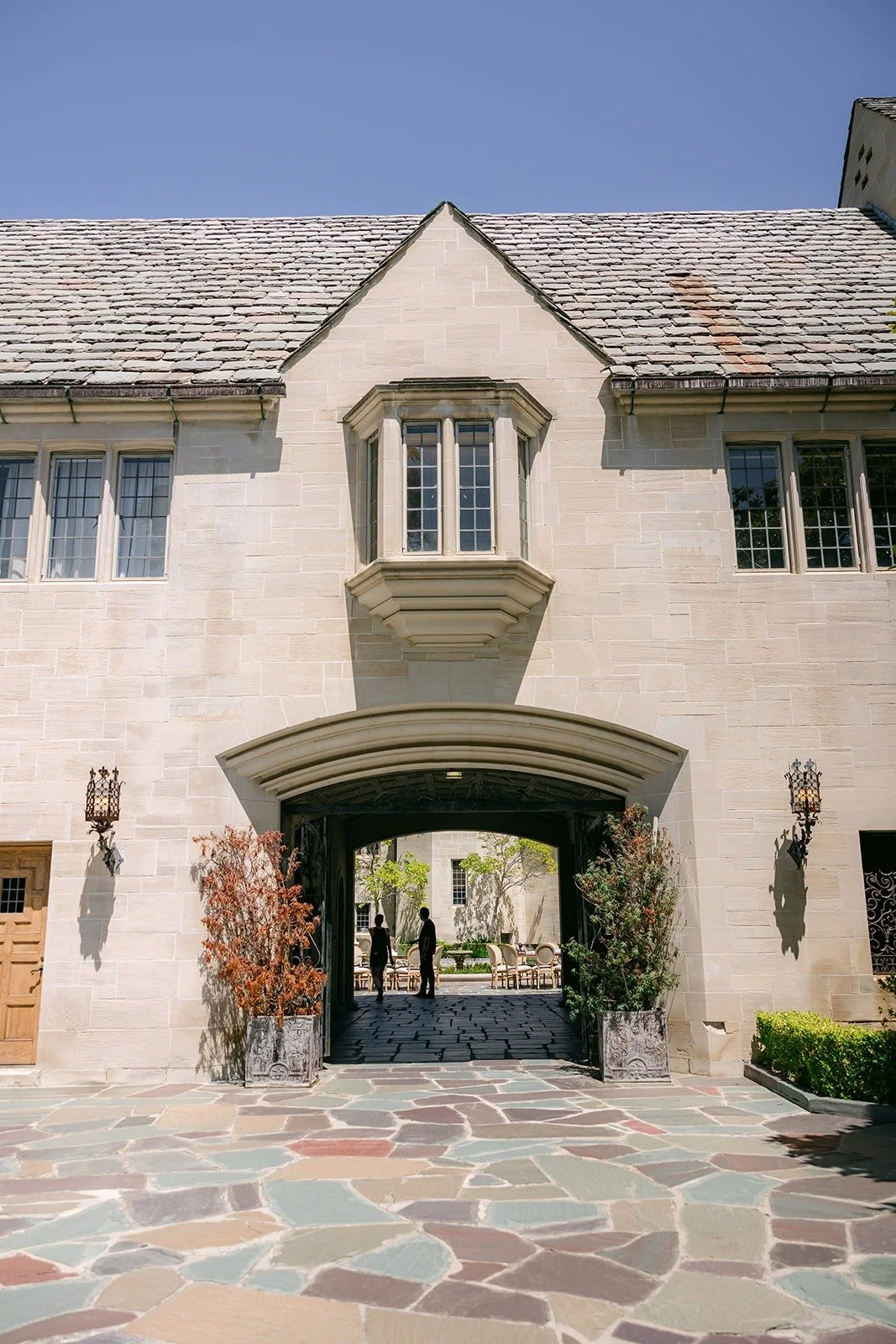 The Greystone Mansion courtyard entrance in the evening light