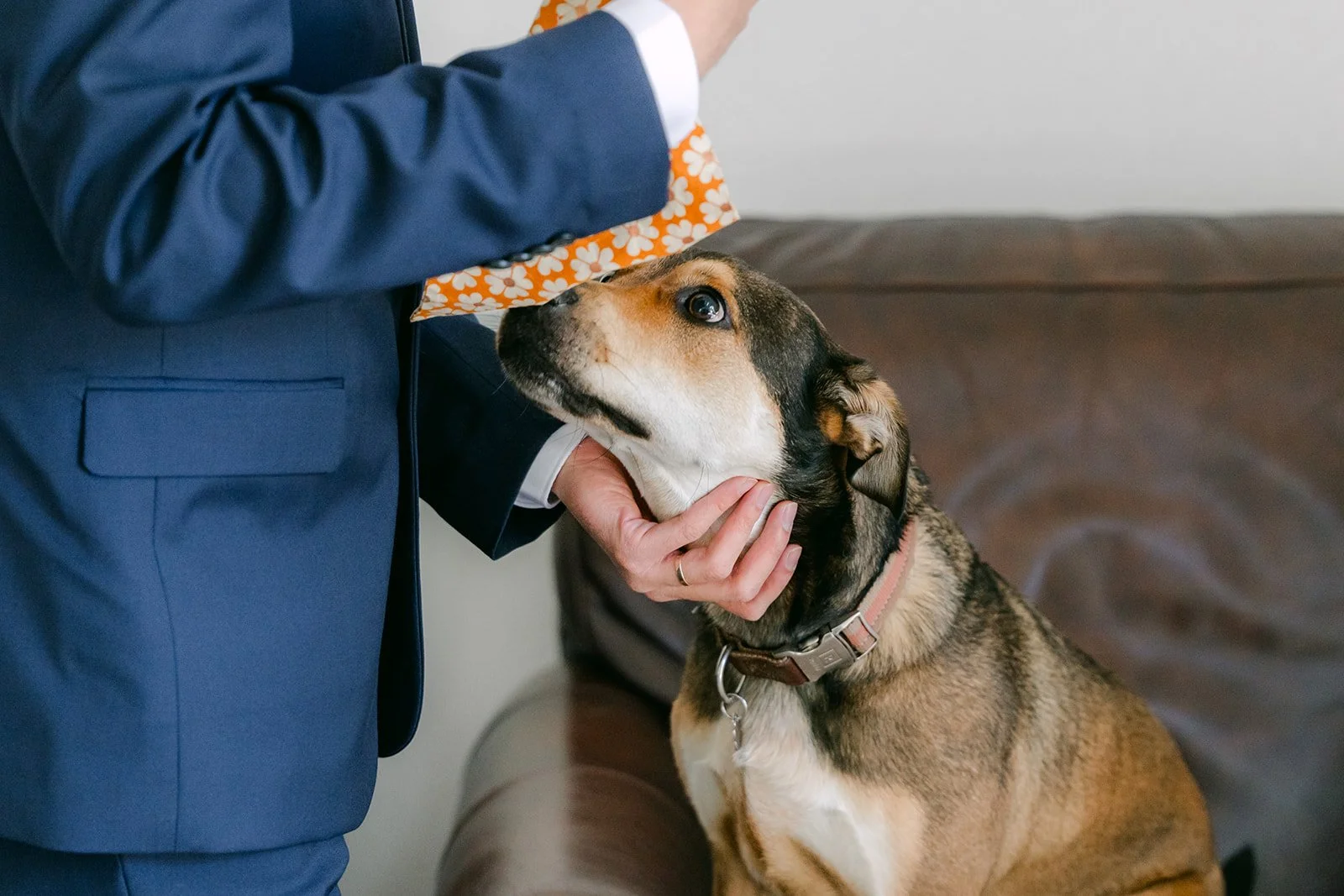 Groom hugging Bagel the dog while getting ready