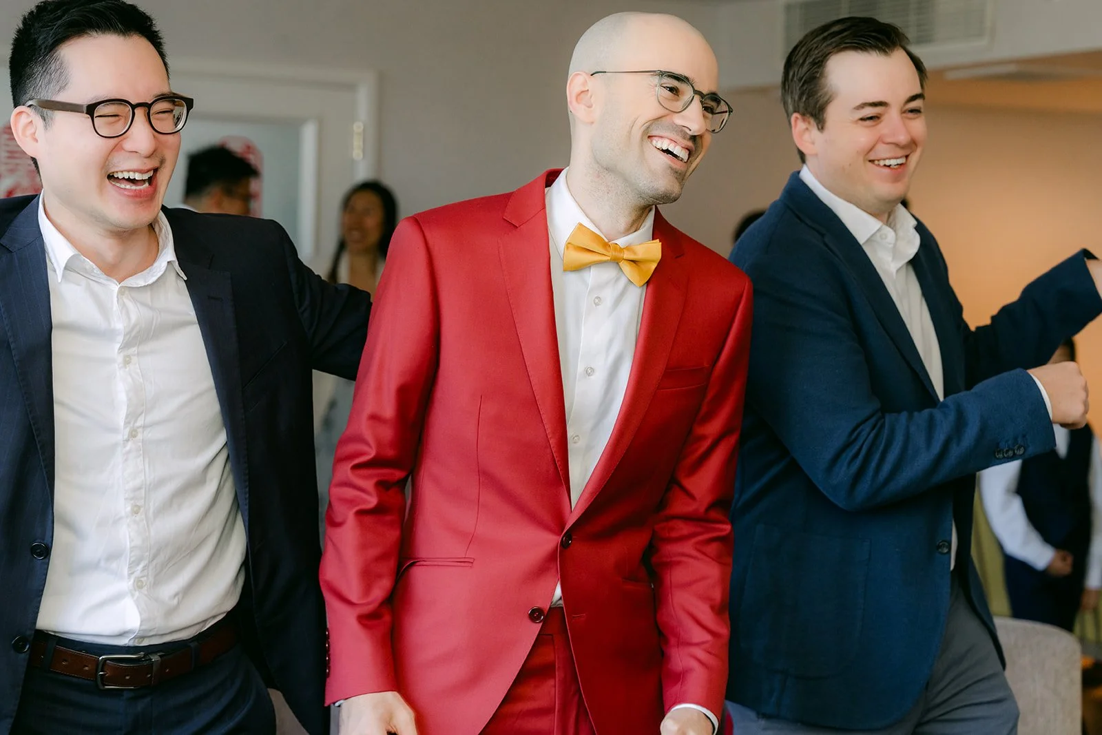 Christian and his friends react to a challenge from the bridesmaids.