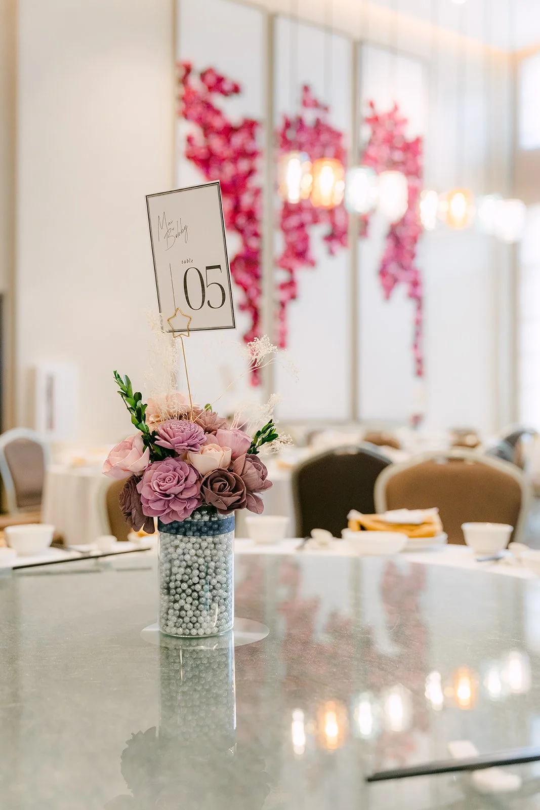 Lavender centerpiece on a round table.