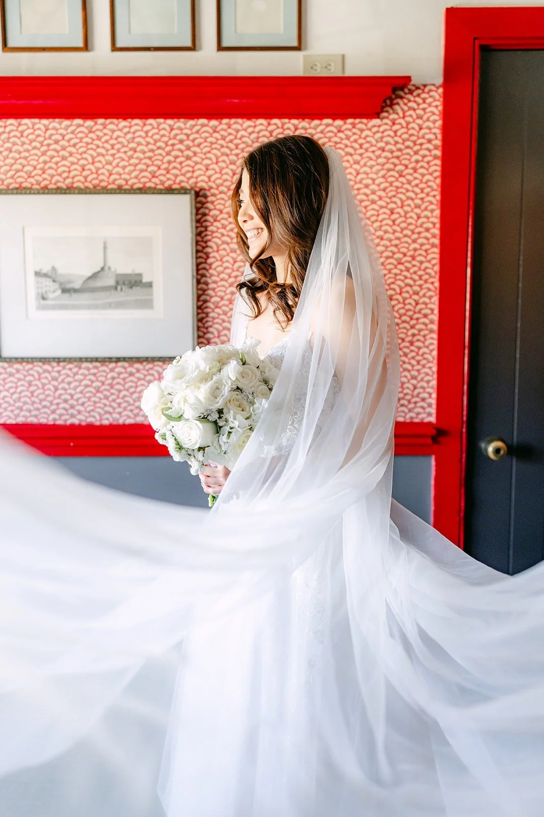 Valerie's long veil spread across the floor in the getting ready room