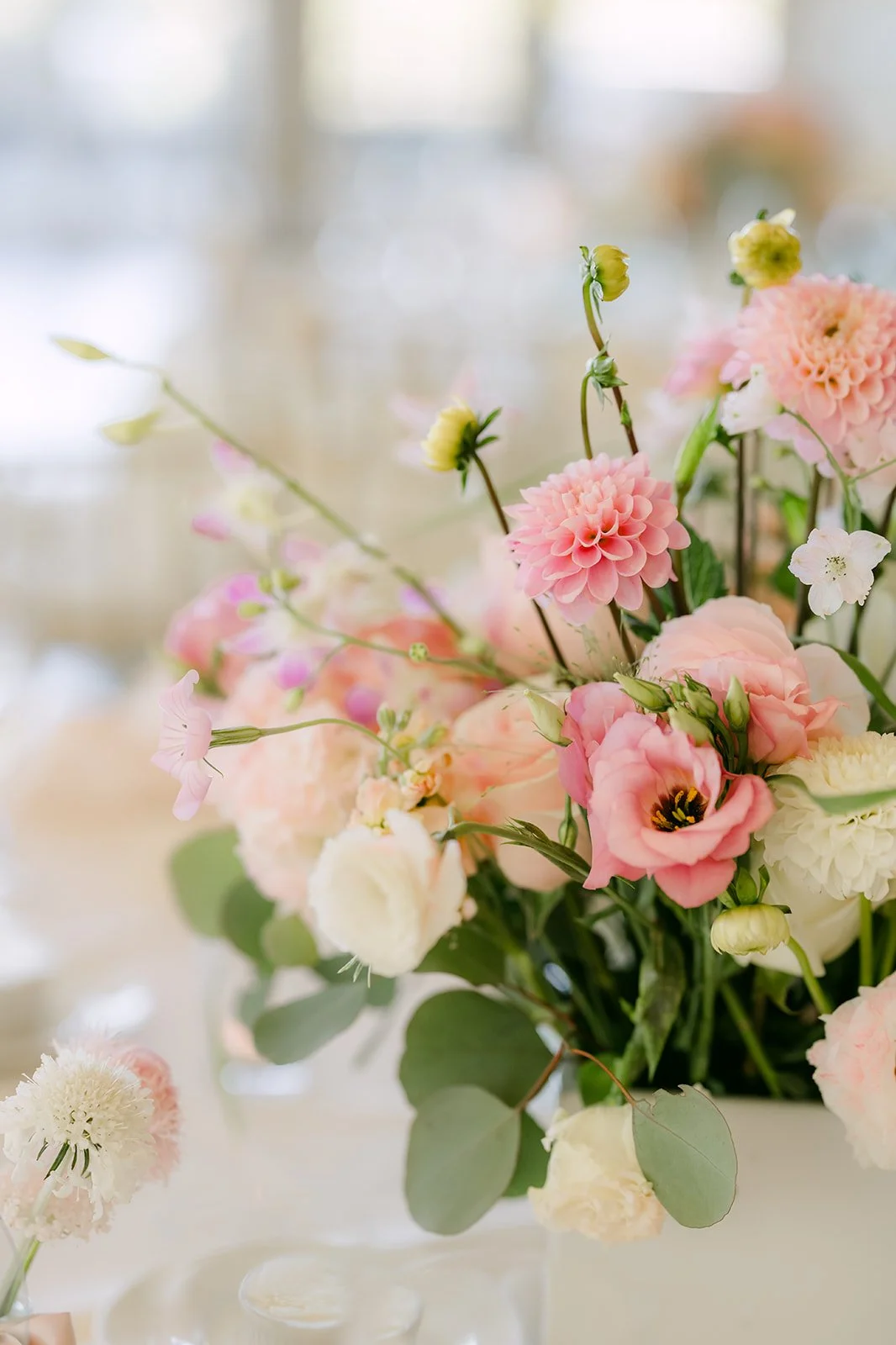Pink and white reception florals