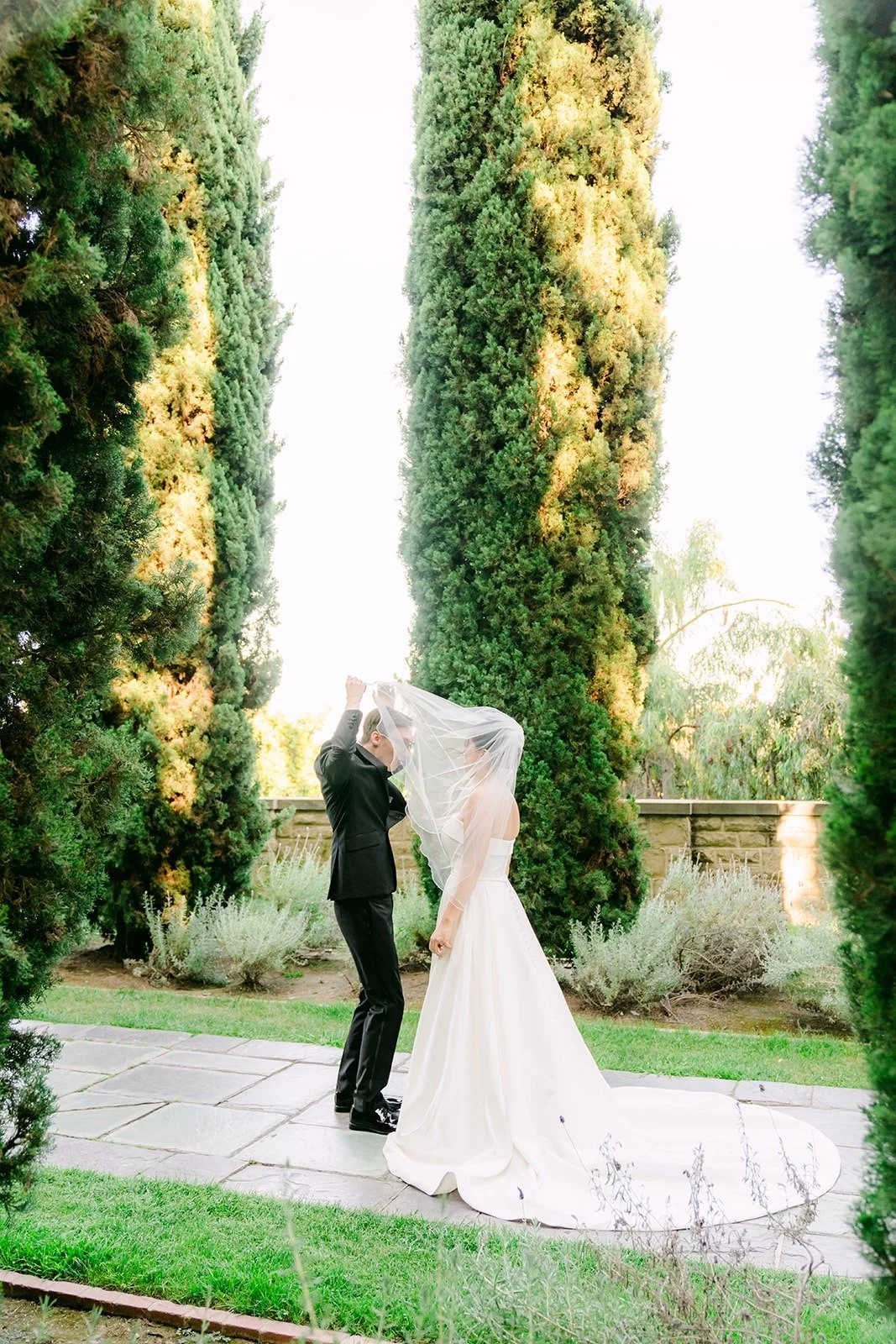 Nik lifting Brianna's veil between the cypress trees