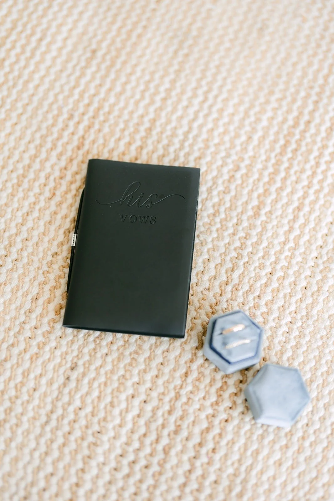 Nik's vow book and the blue hexagon ring box