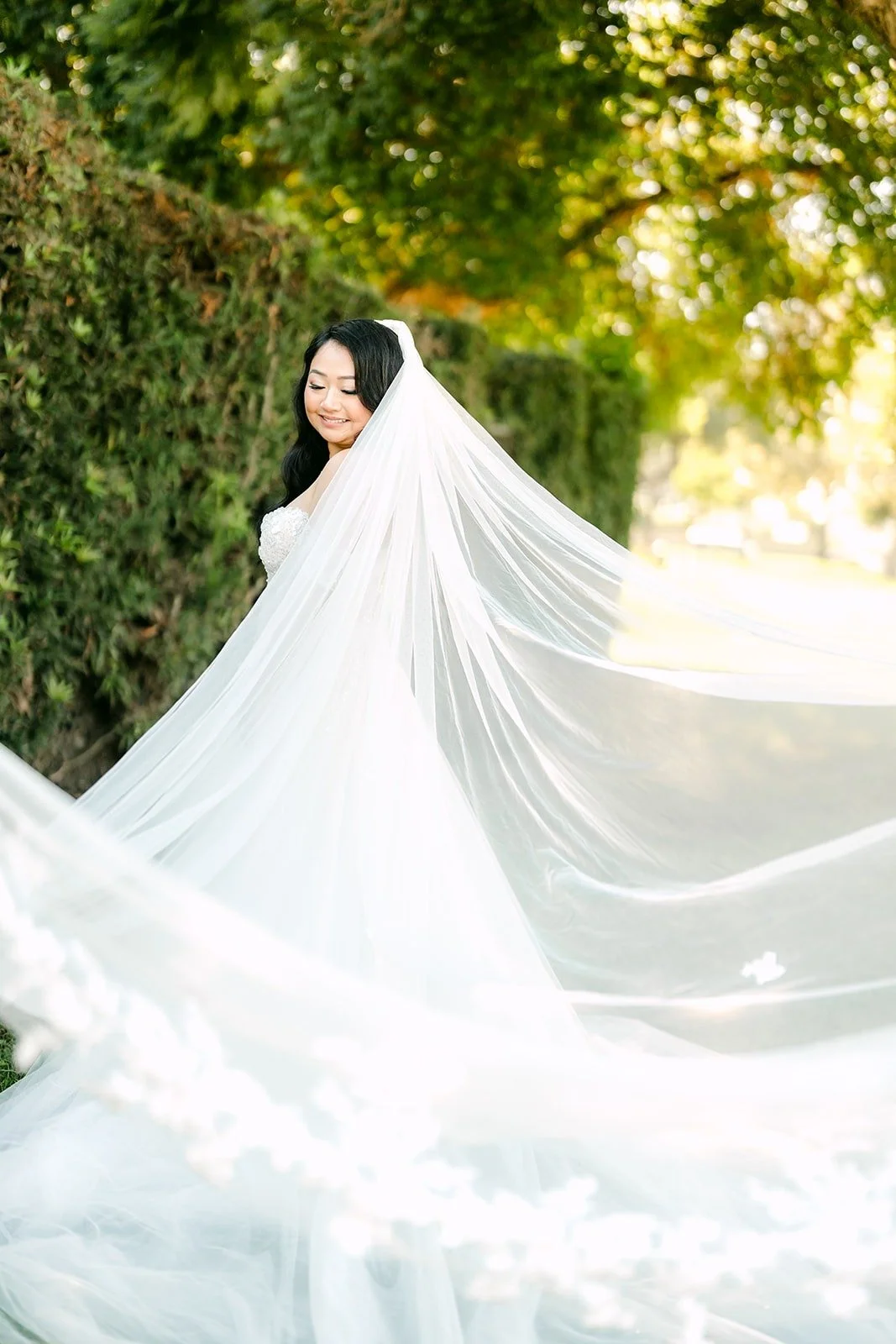 Jennifer's cathedral veil floats across the grass