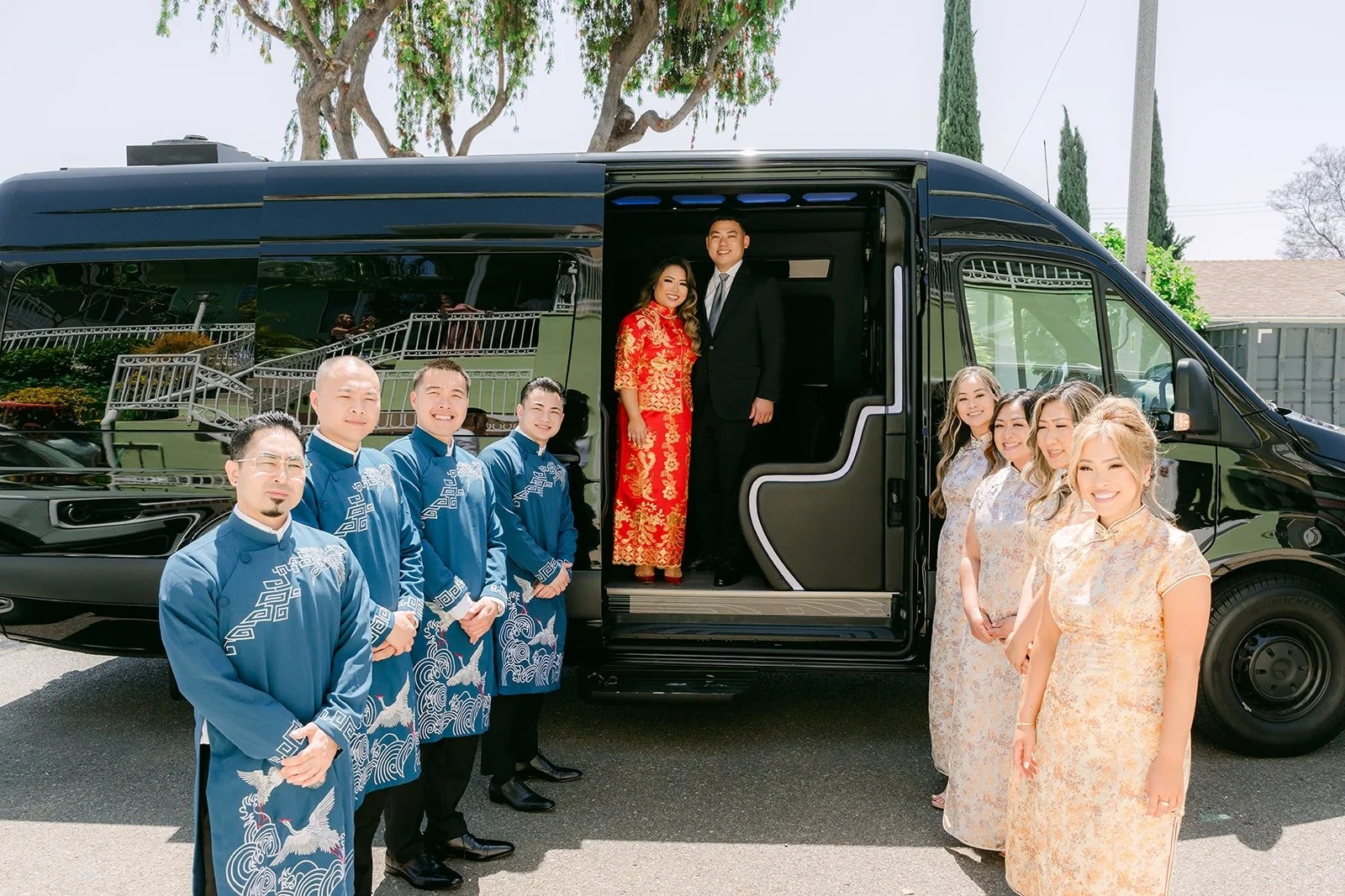 Vincent and his groomsmen arriving in matching blue for the door games