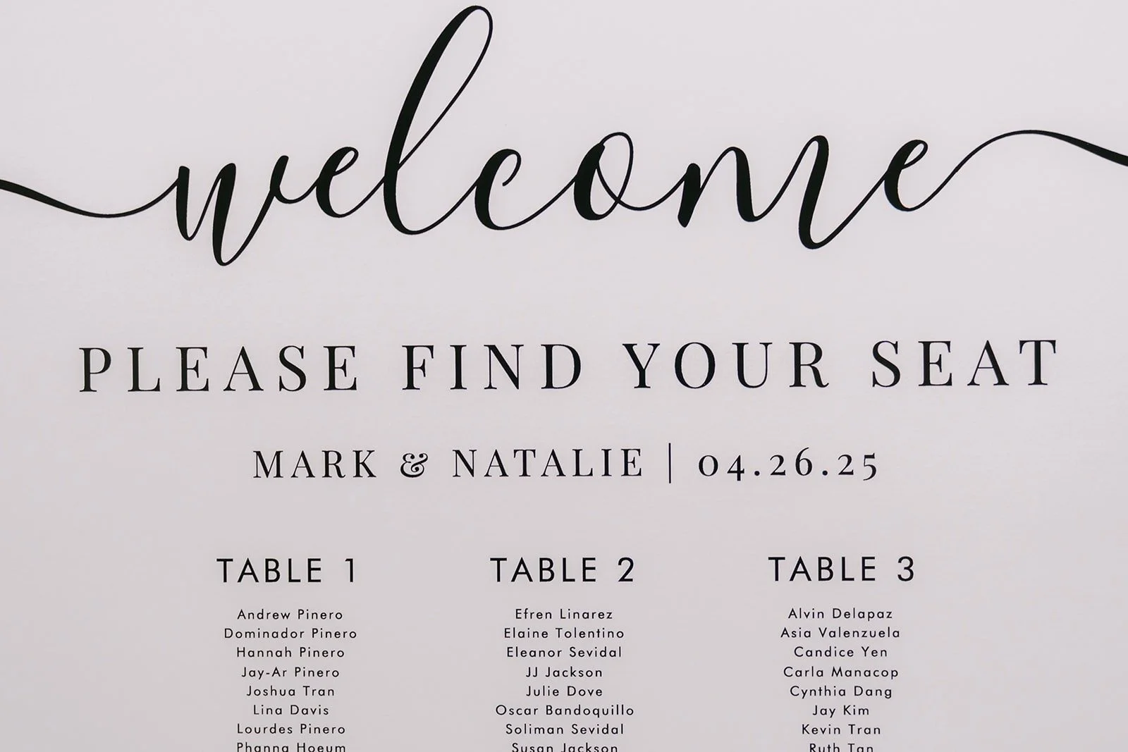 The welcome seating chart for Mark and Natalie dated 04.26.25