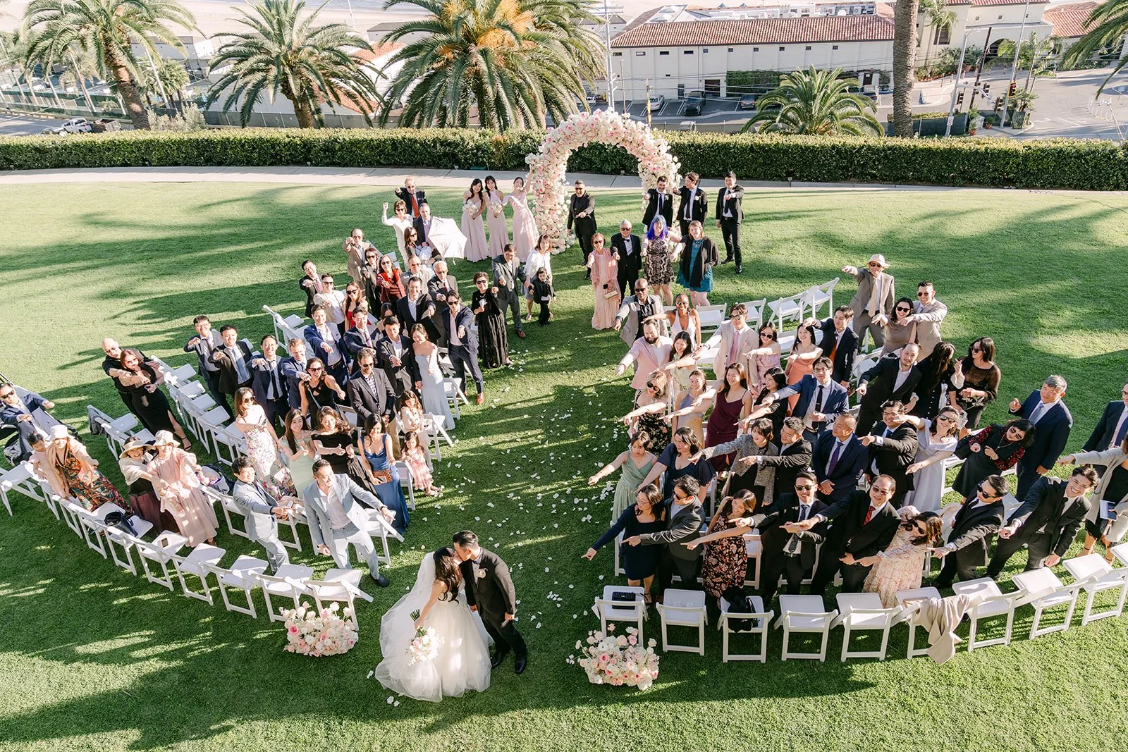Overhead view of guests gathered for the lawn ceremony