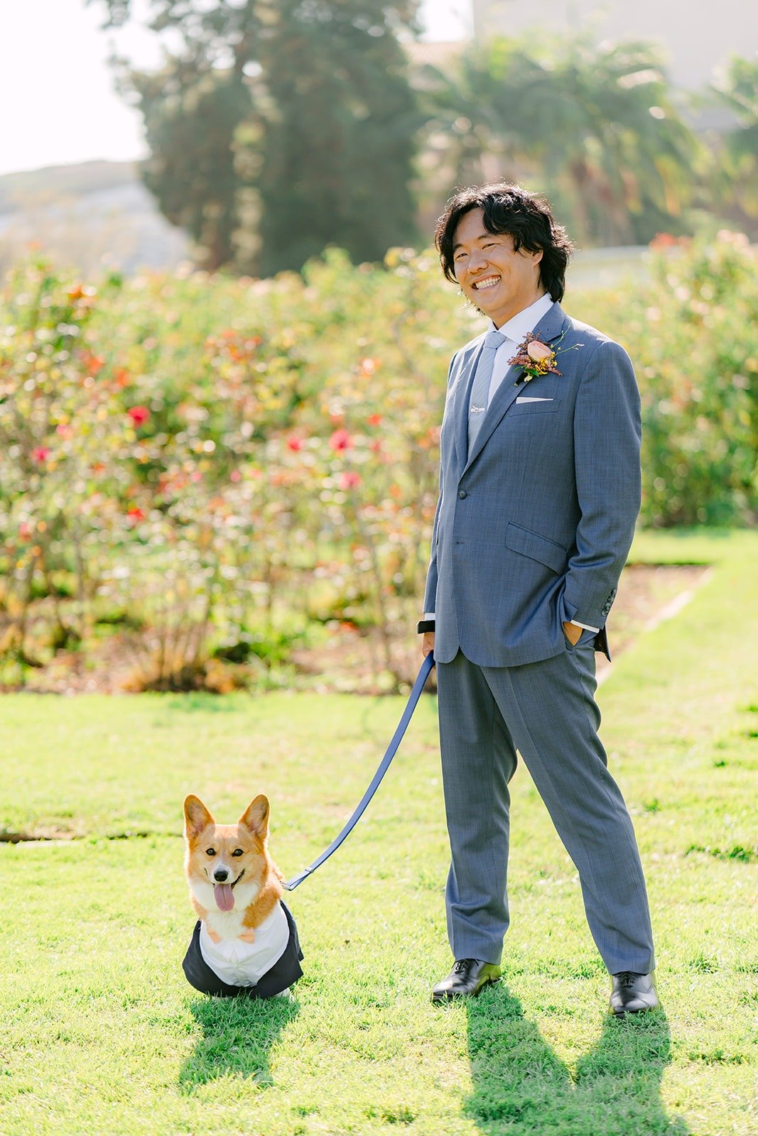 Philip walking Pumpkin on a leash through the Rose Garden