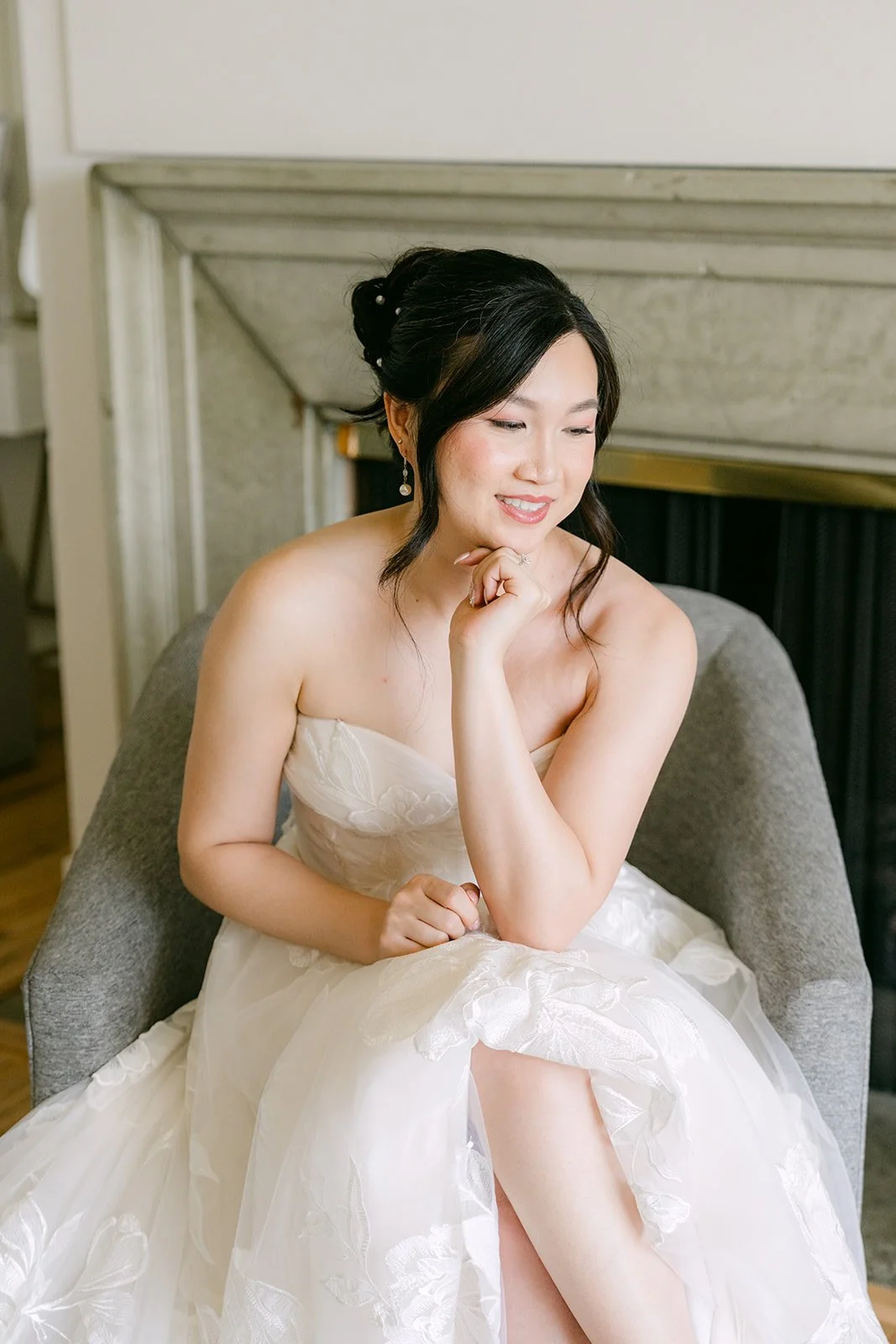 Bridal portrait of Mary by the fireplace