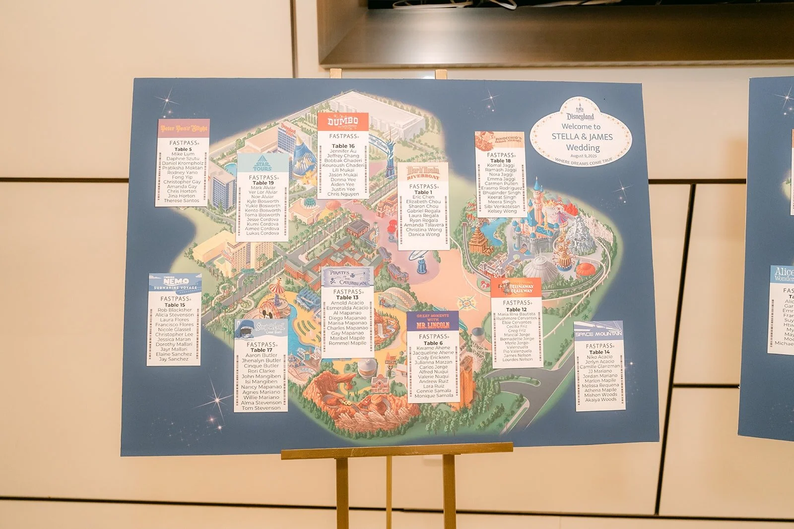A seating chart designed like a theme park map on an easel