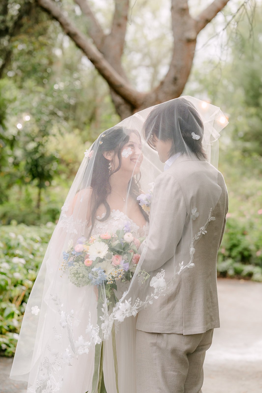 Couple sharing a kiss beneath the bride's veil
