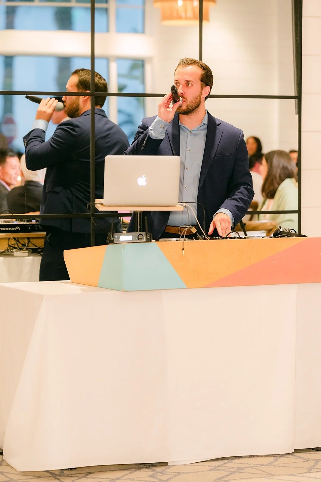 The DJ booth set up in the ballroom