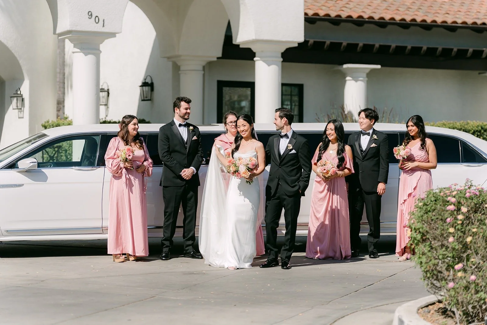 The wedding party lined up beside the white limo in front of the venue