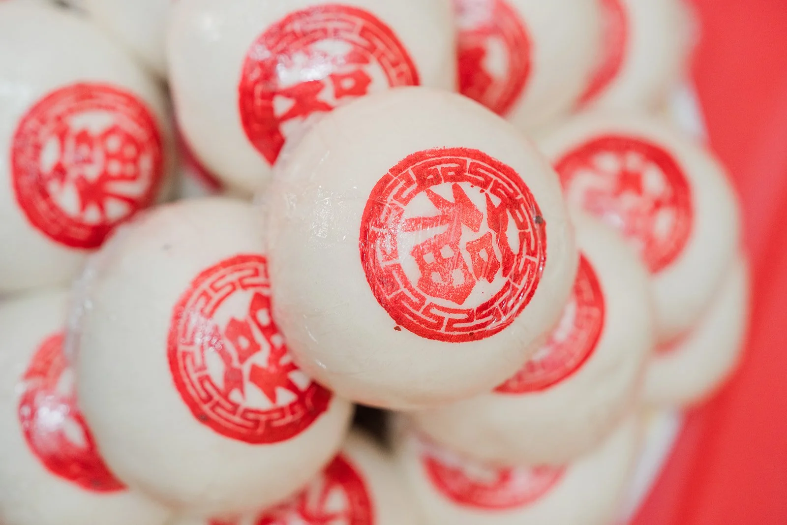 Buns stamped with double happiness for the tea ceremony.