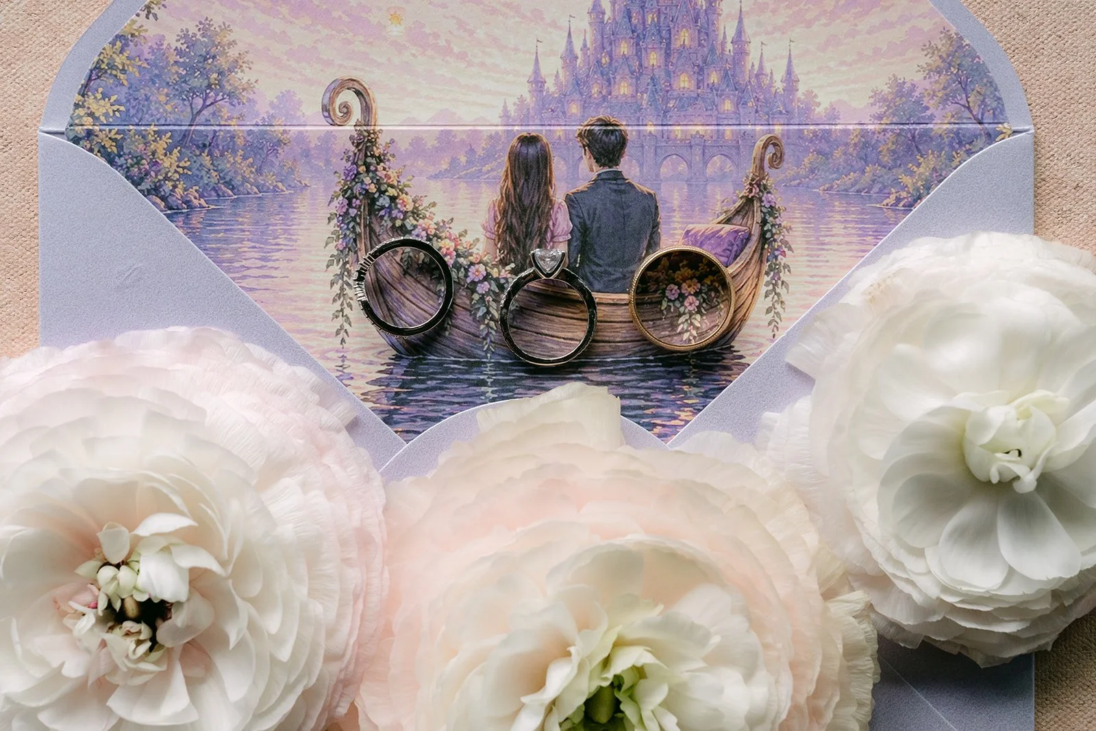 Storybook invitation with a castle and floating lanterns, paired with their rings and white ranunculus.