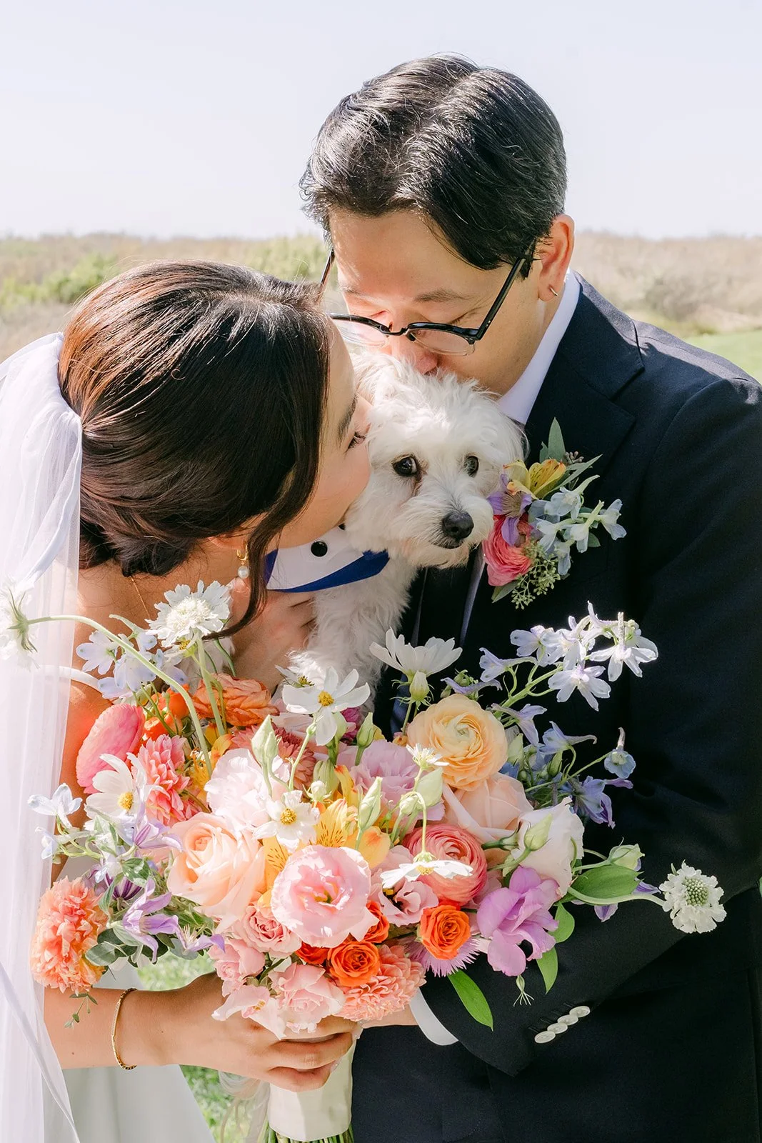 The couple nuzzling their dog on the bluff