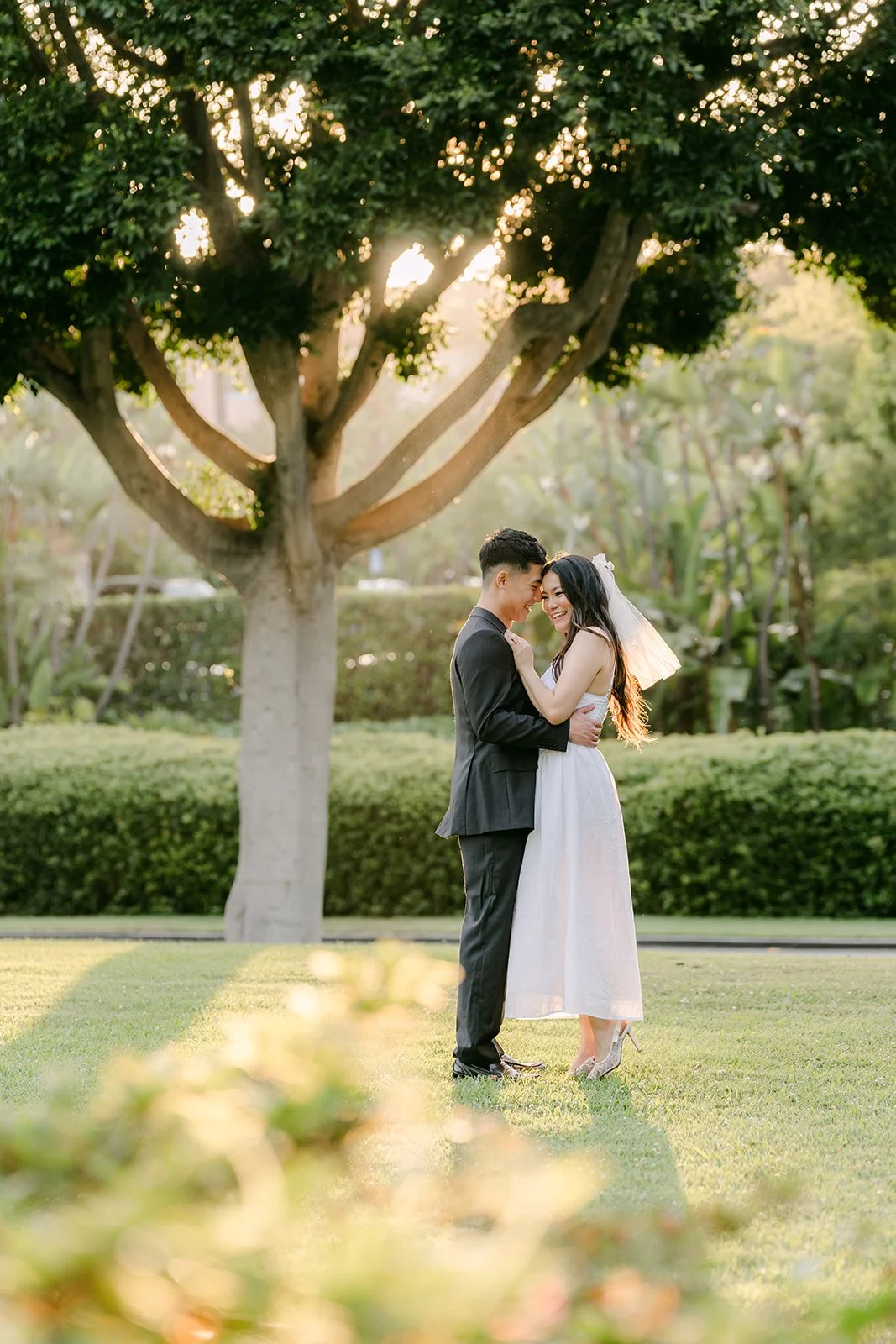 Jadee and Richard share a kiss beneath a large tree at Will Rogers Memorial Park.