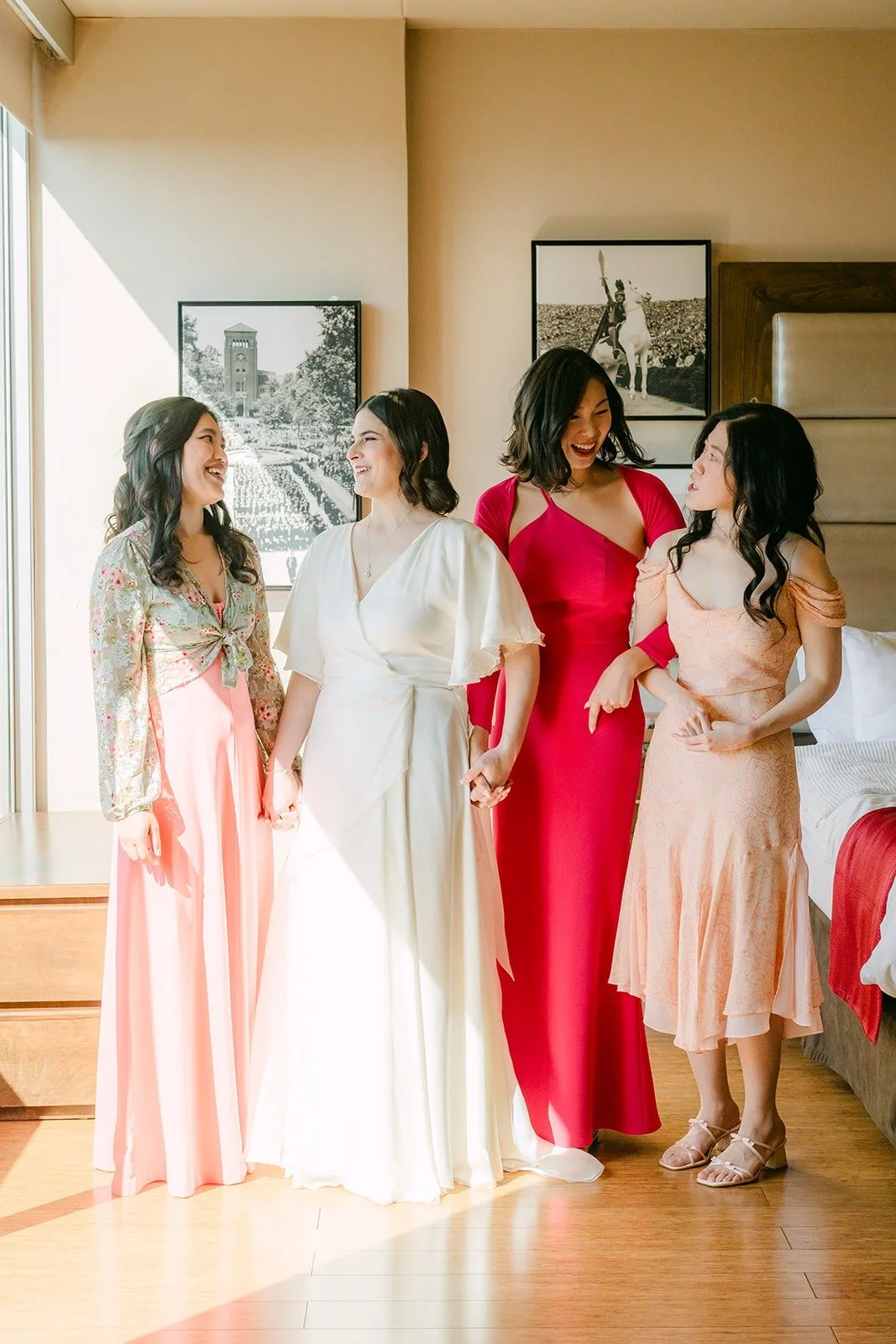 Jessie and her bridesmaids in blush, coral and hot pink