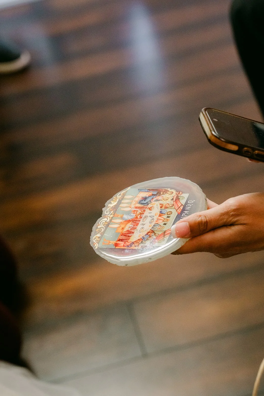 Close-up of a jewelry gift on a plate.