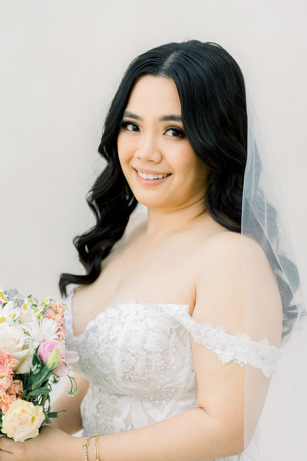 Bridal portrait of Francesca in her off the shoulder lace gown