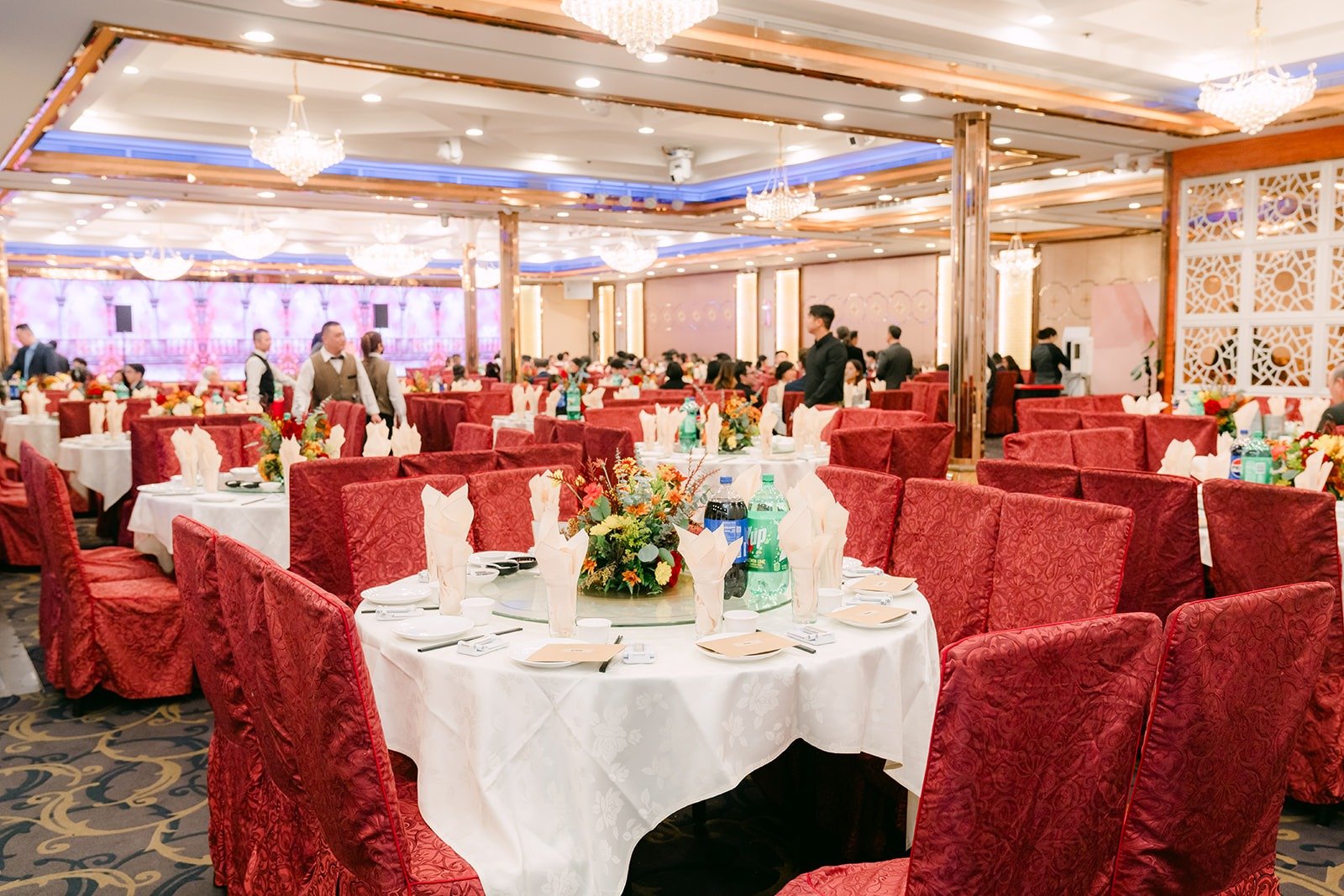Wide view of the reception tables at 888 Seafood Restaurant in Rosemead