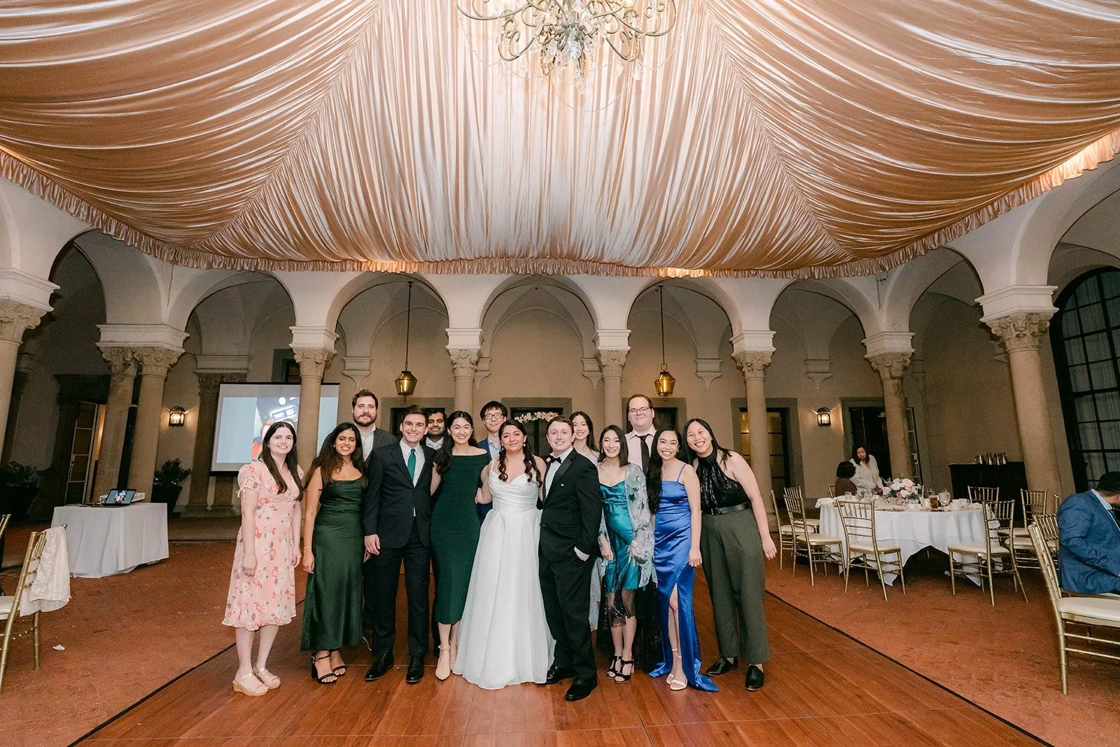 Saira and Matthew with a group of friends on the dance floor